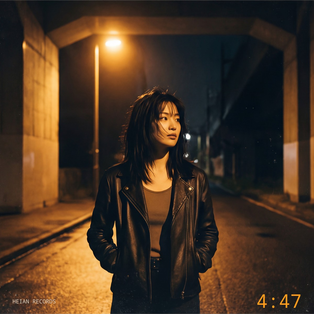 4:47 single sleeve — a woman under a concrete overpass at pre-dawn, sodium streetlamp behind her, text reading 4:47 and HEIAN RECORDS
